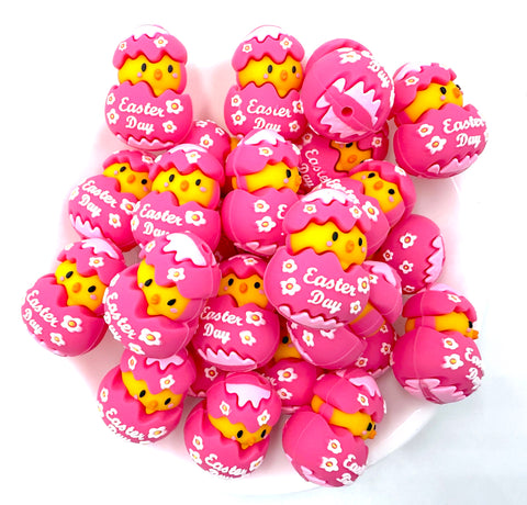 3D Chick & Easter Egg Silicone Focal Beads--Hot Pink