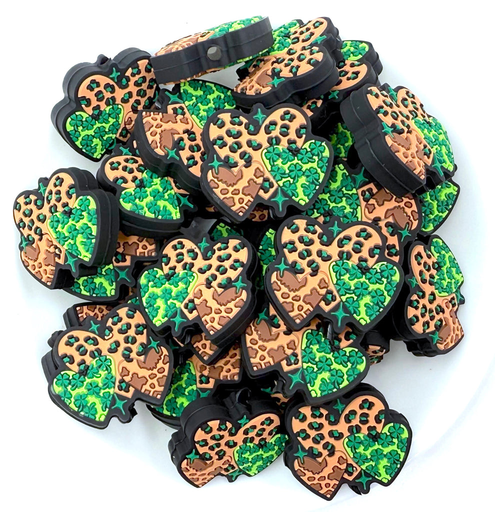 Leopard & Clover Hearts St Patrick's Day Silicone Focal Beads