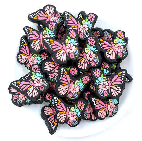 Floral Butterfly Silicone Beads--Pink