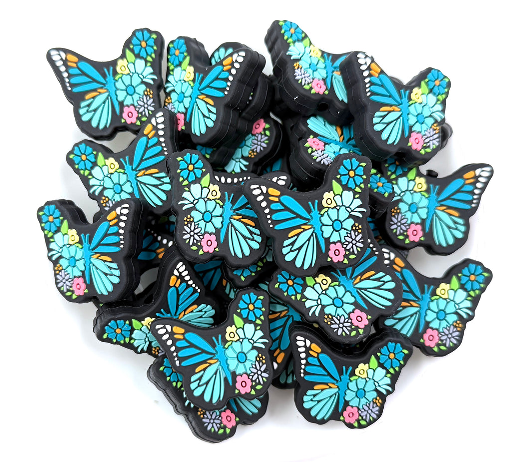 Floral Butterfly Silicone Beads--Blue