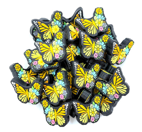 Floral Butterfly Silicone Beads--Yellow