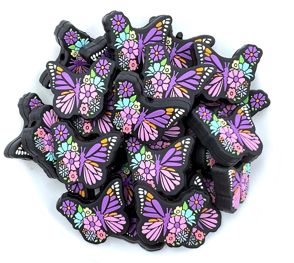 Floral Butterfly Silicone Beads--Purple