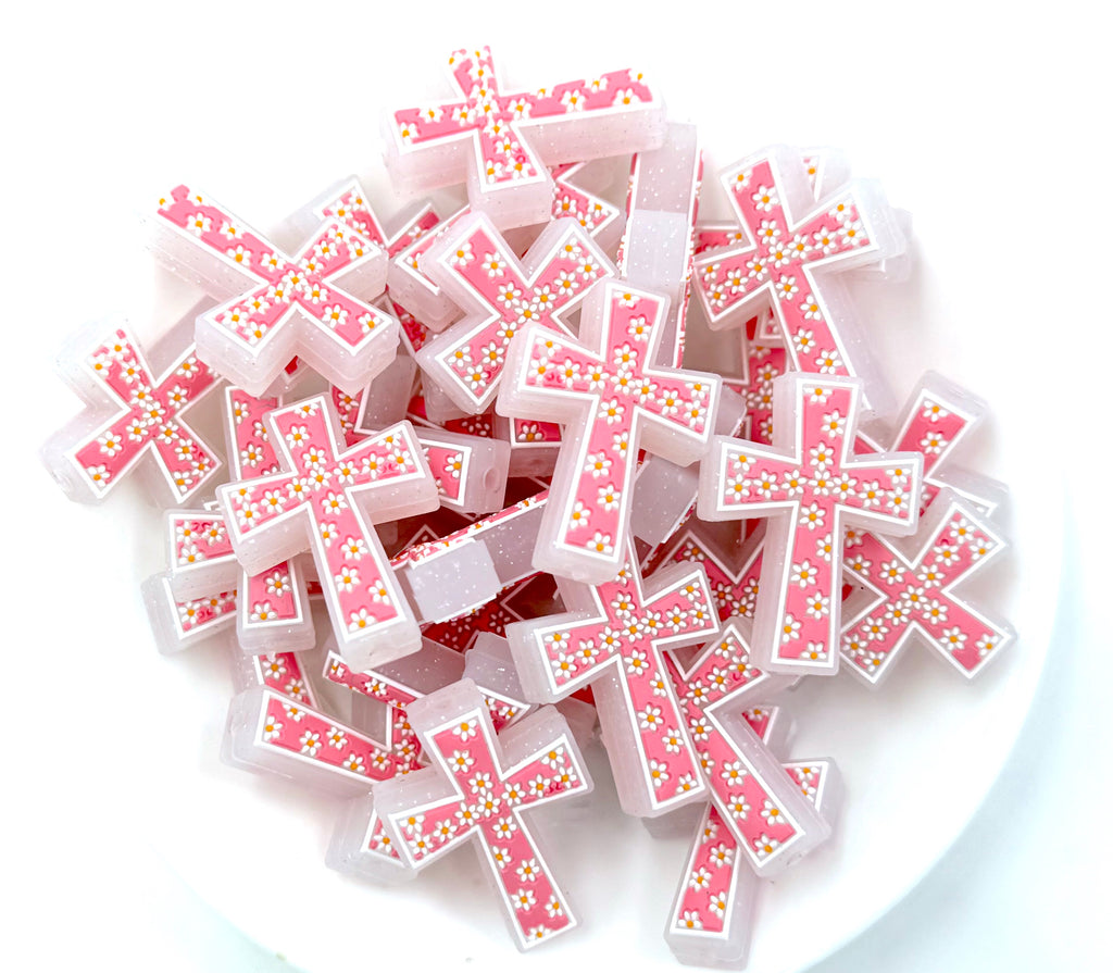 Cross with Daisy Flowers Silicone Focal Beads--Light Pink