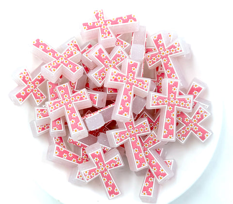 Cross with Daisy Flowers Silicone Focal Beads--Light Pink