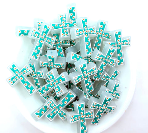 Cross with Daisy Flowers Silicone Focal Beads--Turquoise