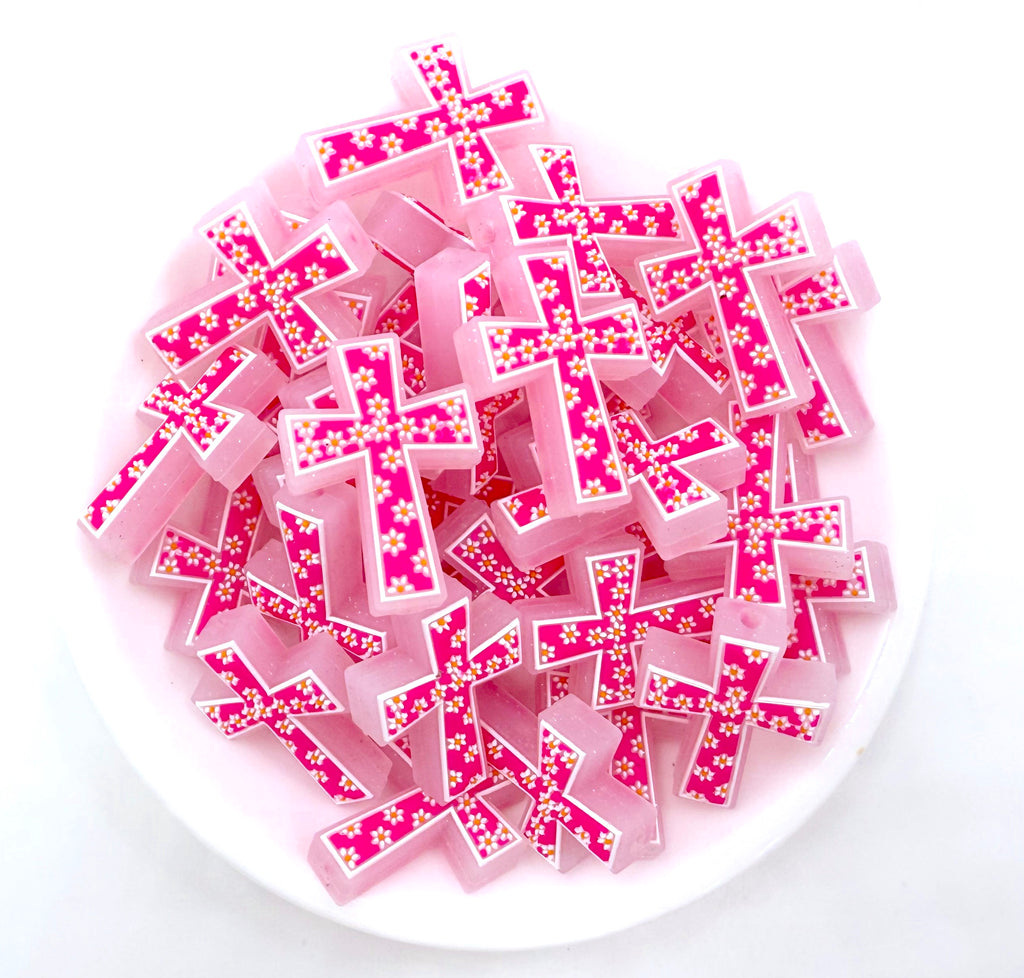 Cross with Daisy Flowers Silicone Focal Beads--Dark Pink