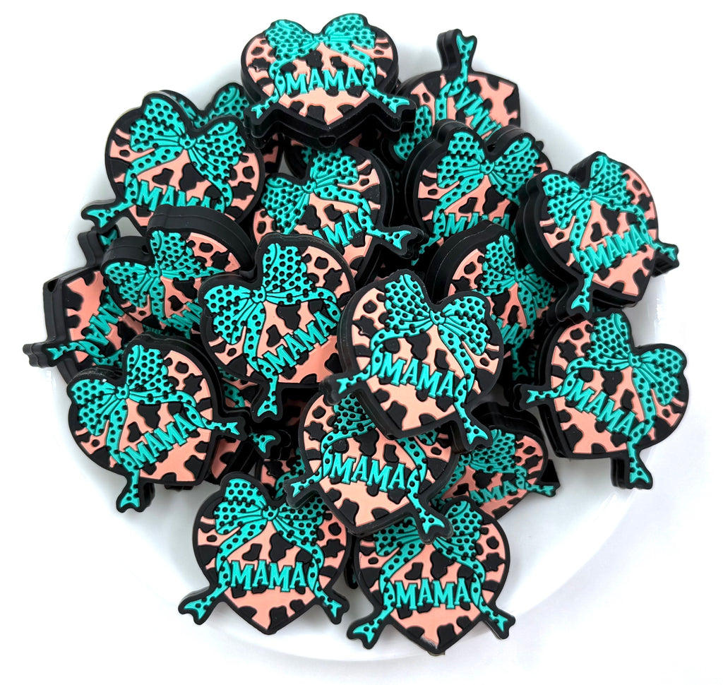 Mama Heart with Bow Silicone Focal Beads--Turquoise