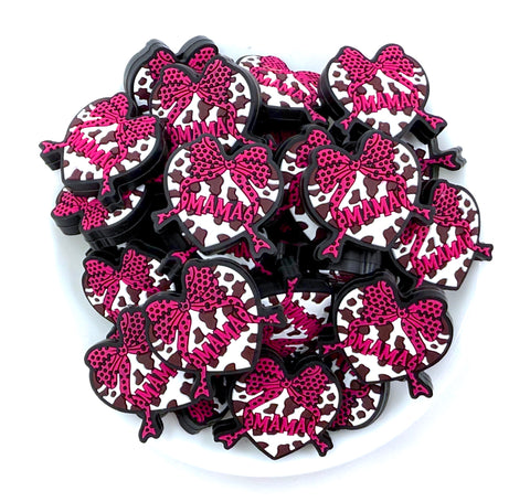 Mama Heart with Bow Silicone Focal Beads--Hot Pink