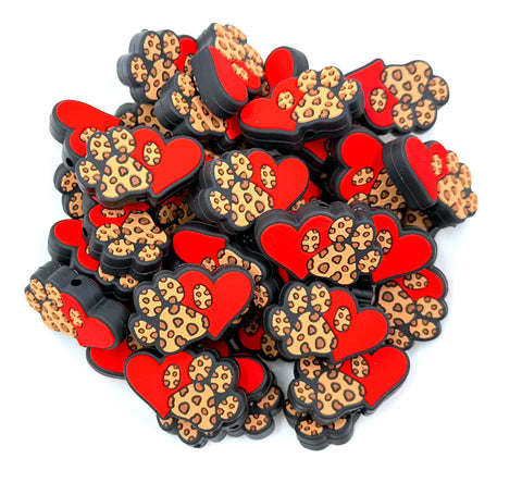 Heart and Leopard Paw Print Silicone Focal Beads