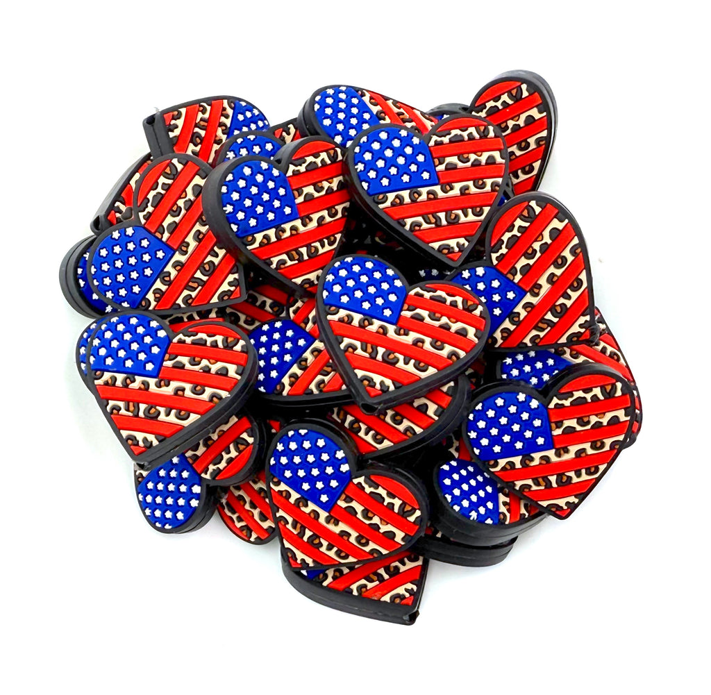 American Flag Leopard Heart Silicone Focal Beads