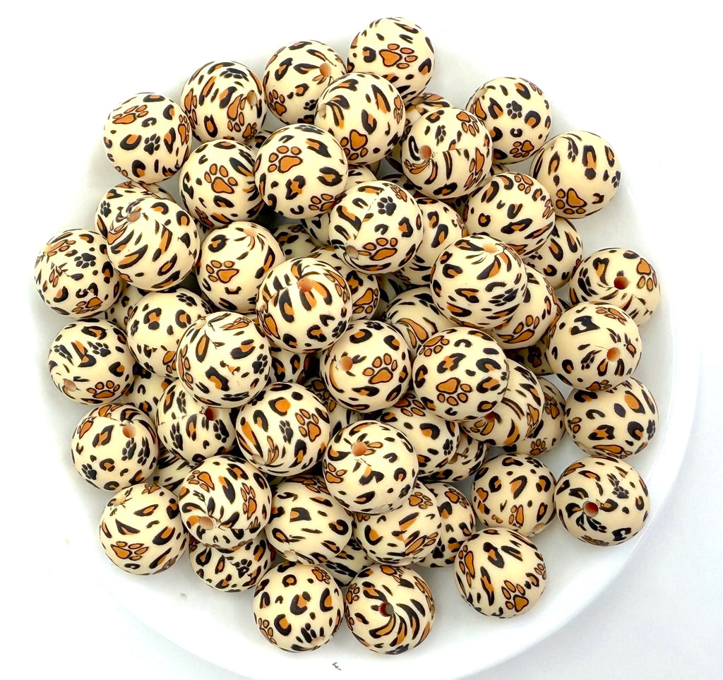 Brown Leopard Paw Printed Silicone Beads--15mm