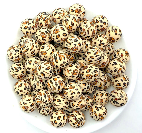 Brown Leopard Paw Printed Silicone Beads--15mm