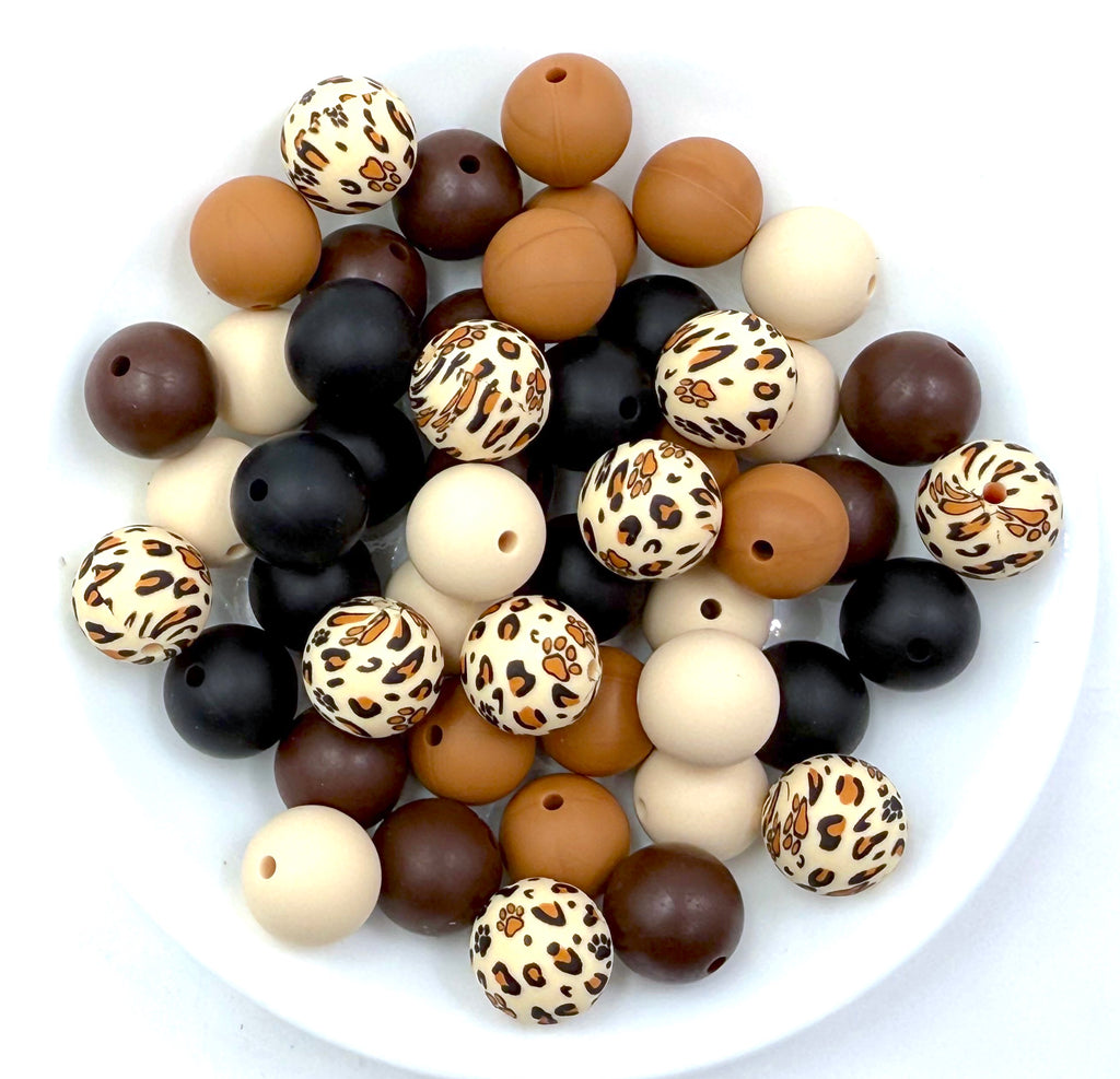 Brown Leopard Paw Print Silicone Bead Mix--Beige, Black, Brown, Hazelnut