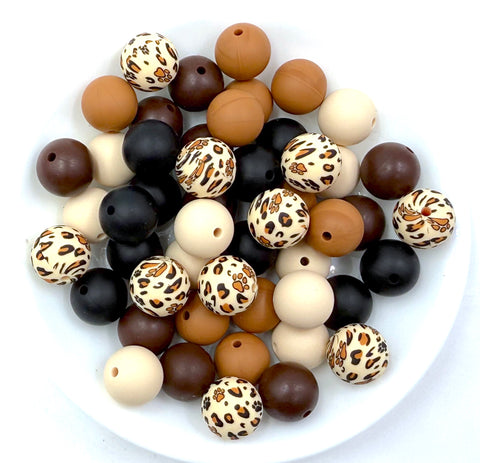 Brown Leopard Paw Print Silicone Bead Mix--Beige, Black, Brown, Hazelnut