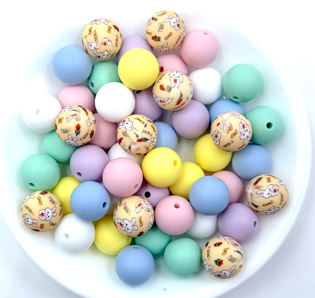 Bunny Rabbit Print Silicone Bead Mix--White, Powder Pink, Mint, Yellow, Baby Blue, Mist