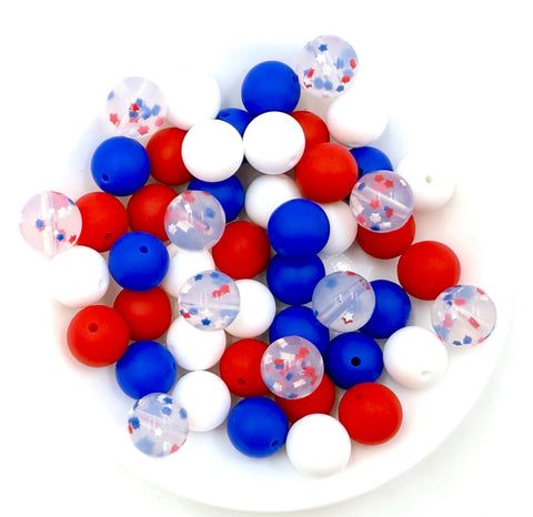 Red, White & Blue Confetti BULK Round Silicone Beads