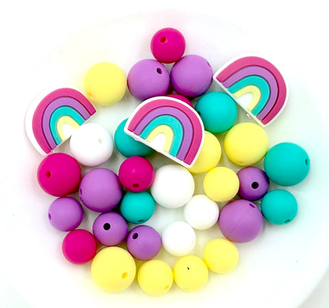 Hot Pink, Yellow & Turquoise Rainbow Silicone Focal Bead Mix