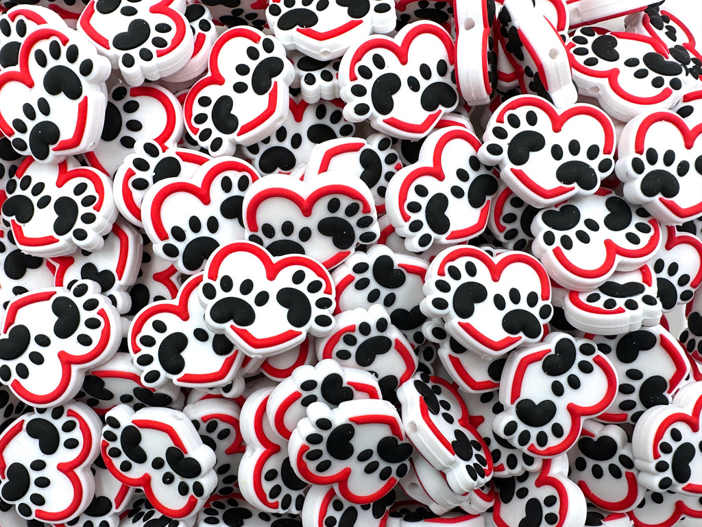 White Heart Paw Print Silicone Focal Beads