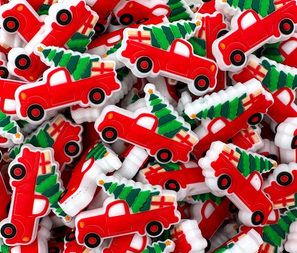 Country Christmas Tree Truck Silicone Focal Beads--Red