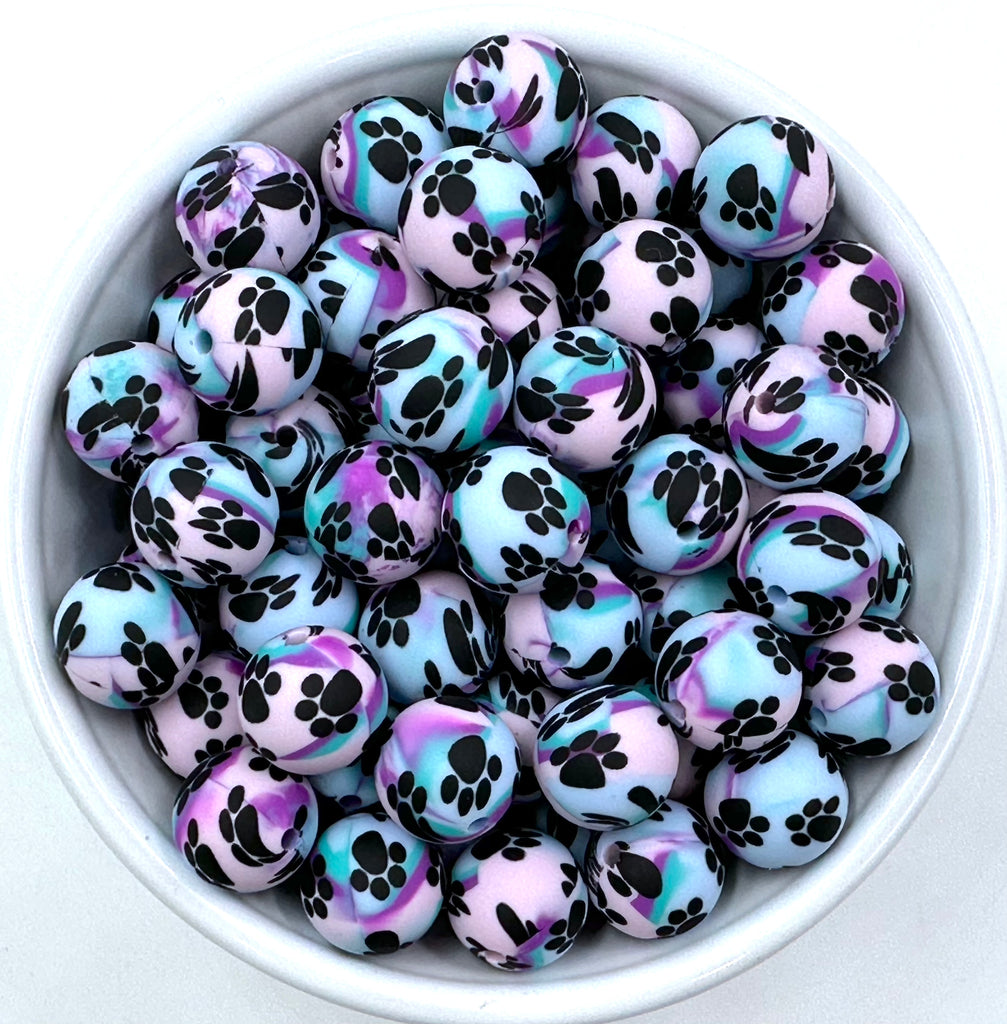 15mm Paw Print Silicone Beads--Purple Tie Dye