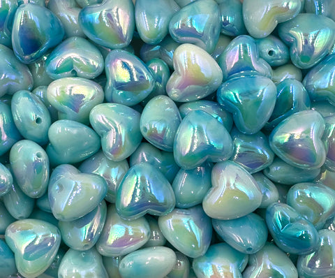 Aqua Blue Puffy Heart AB Iridescent Chunky Beads
