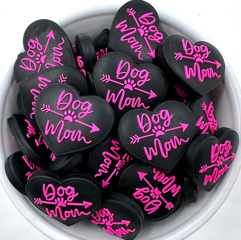 Dog Mom Heart Silicone Beads--Hot Pink