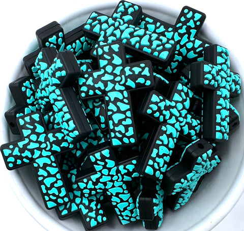 Leopard Cross Silicone Focal Bead--Black & Turquoise
