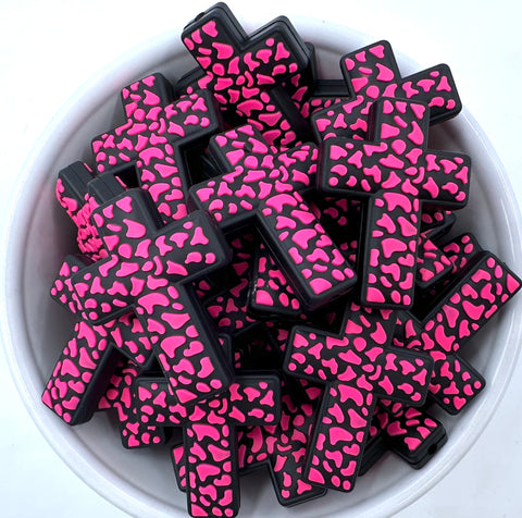 Leopard Cross Silicone Focal Bead--Black & Hot Pink
