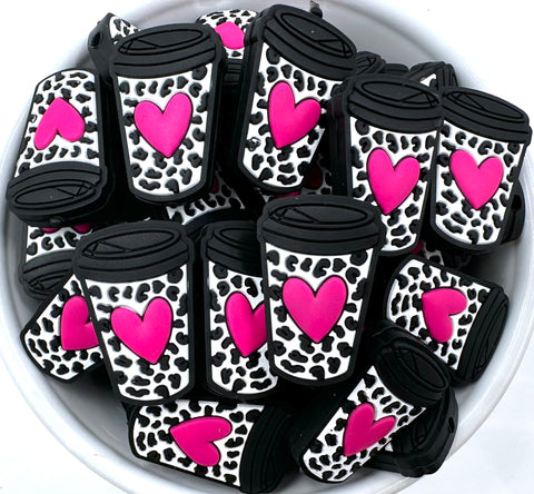 White Leopard Heart Coffee Cup Silicone Beads
