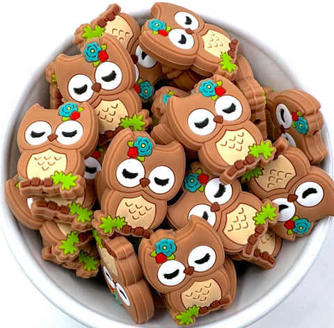 Flower Owl Silicone Focal Beads--Brown