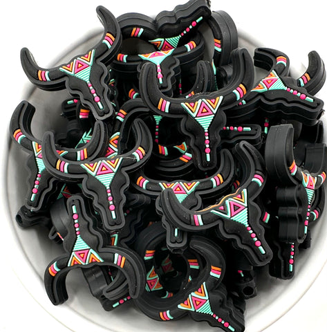 Aztec Long Horn Cow Silicone Focal Beads--BLACK