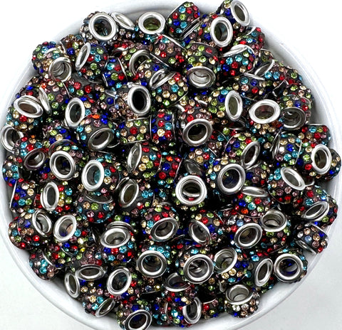 Large Hole Crystal Rhinestone Rondelle Spacer Beads--Black Multi-Colored