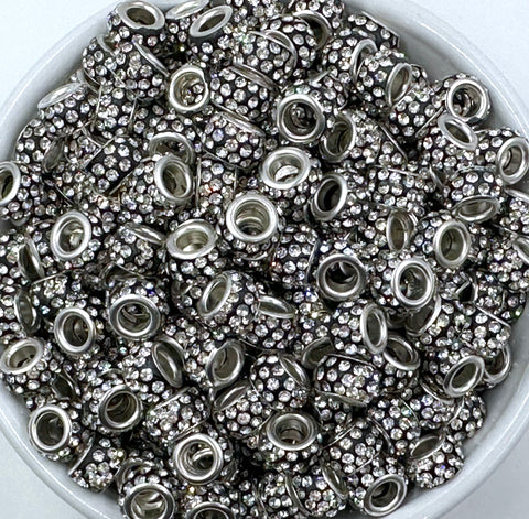 Large Hole Crystal Rhinestone Rondelle Spacer Beads--Silver Gray