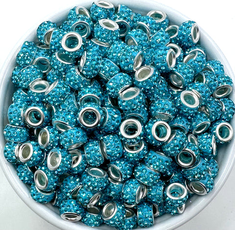 Large Hole Crystal Rhinestone Rondelle Spacer Beads--Aqua Blue