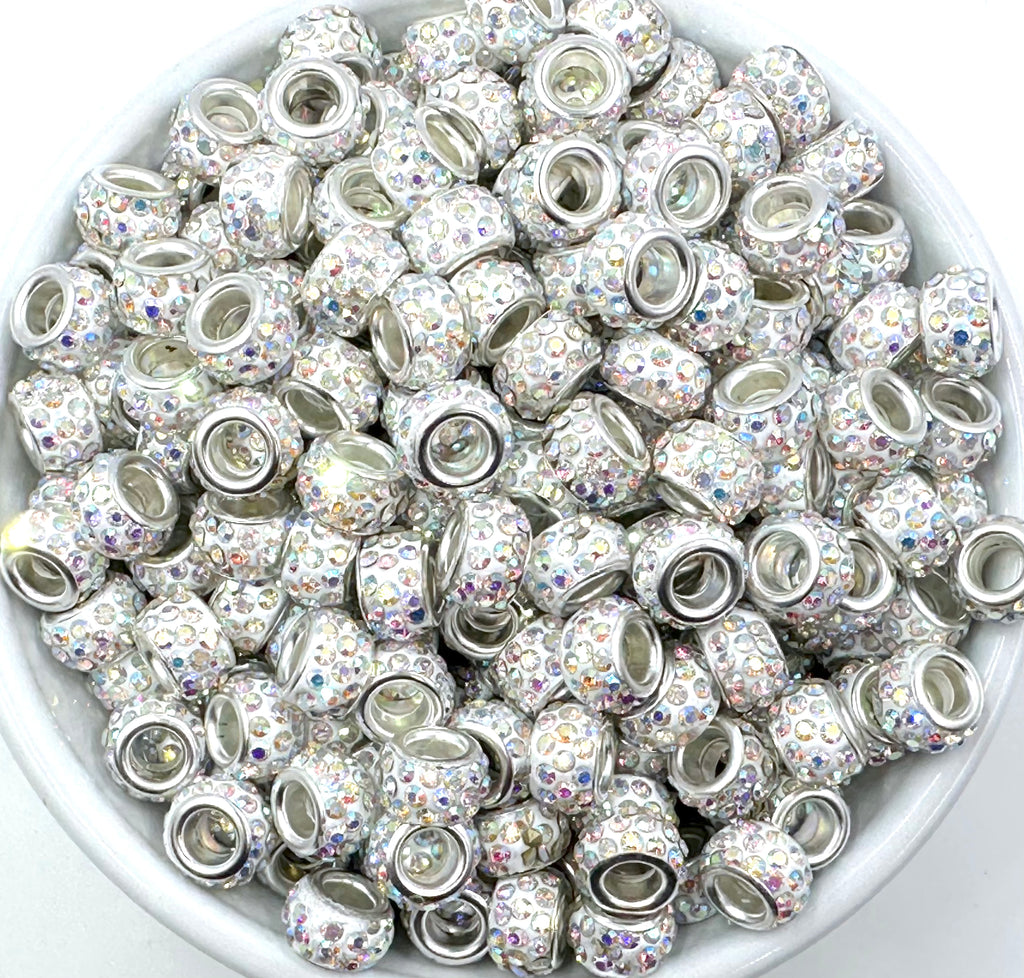 Large Hole Crystal Rhinestone Rondelle Spacer Beads--Irridecent White