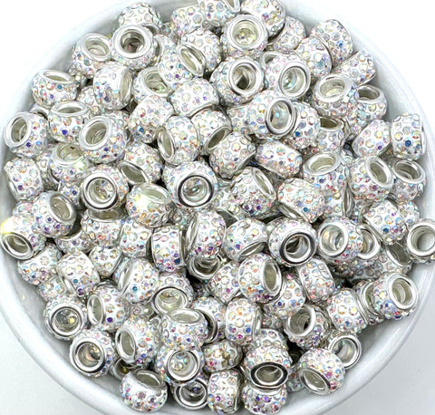Large Hole Crystal Rhinestone Rondelle Spacer Beads--Irridecent White