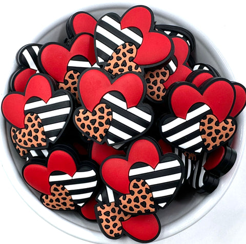Triple Heart Valentine's Day Silicone Focal Beads--Red
