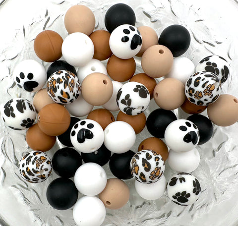 Paw Print Silicone Bead Mix--White, Oatmeal, Black, Hazelnut,