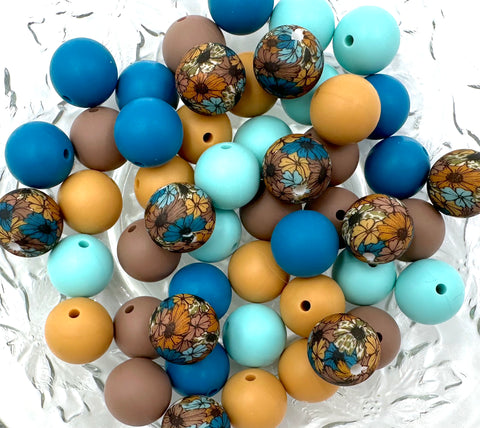 Teal & Mustard Boho Flower Silicone Bead Mix--Cool Caribbean, Coffee