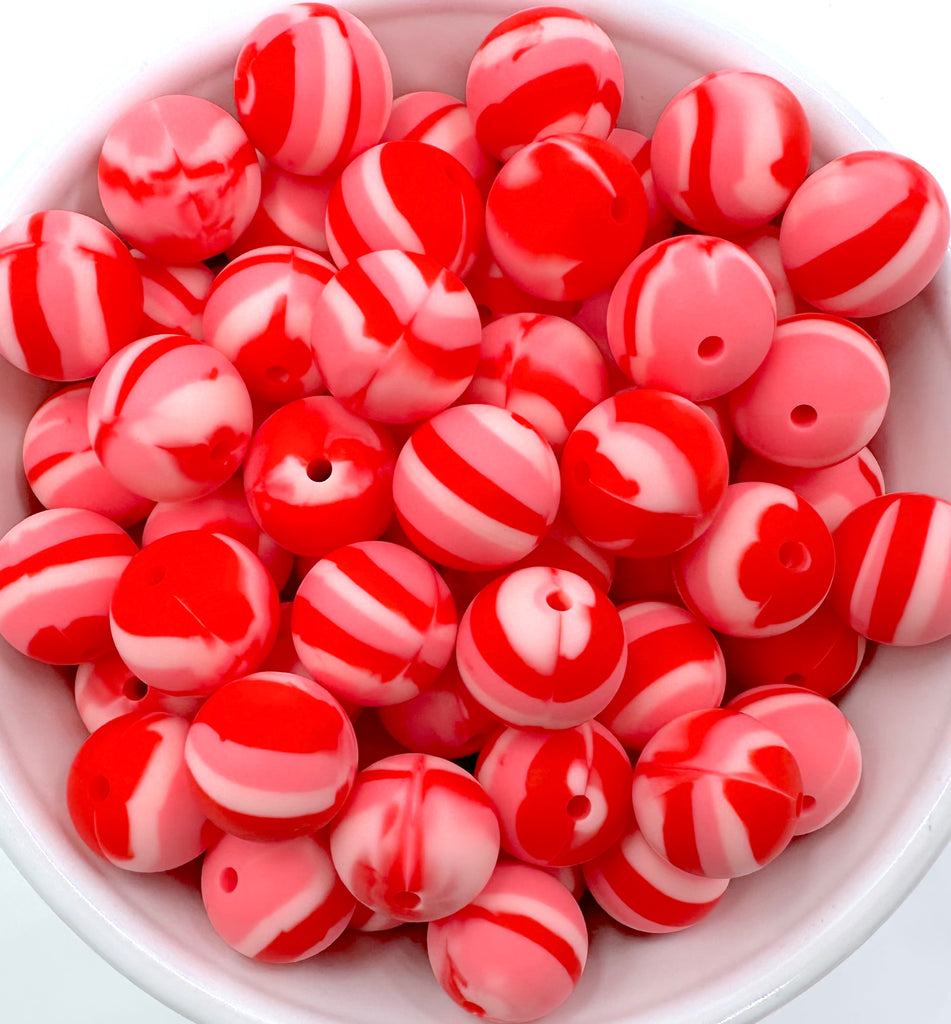 15mm Pink & Red Swirl Silicone Beads