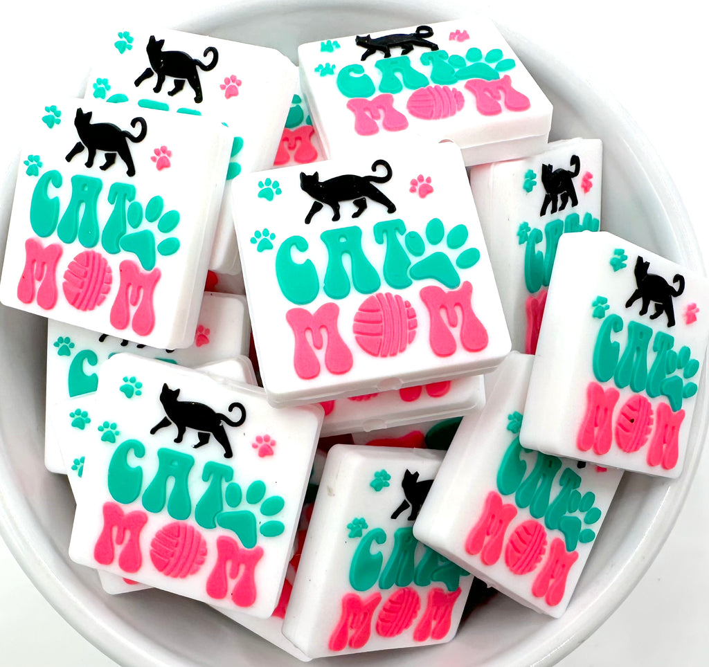 Turquoise & Pink Cat Mom Silicone Focal Beads