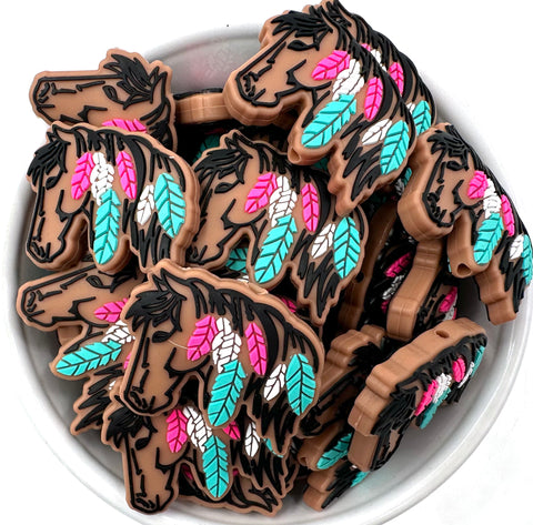 Western Horse with Feathers Silicone Focal Beads--Pink & Turquoise