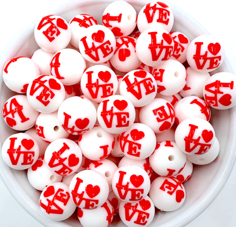 White LOVE Valentine's Print Silicone Beads--15mm