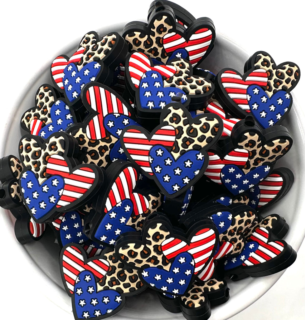 Triple Heart 4th of July Silicone Focal Beads