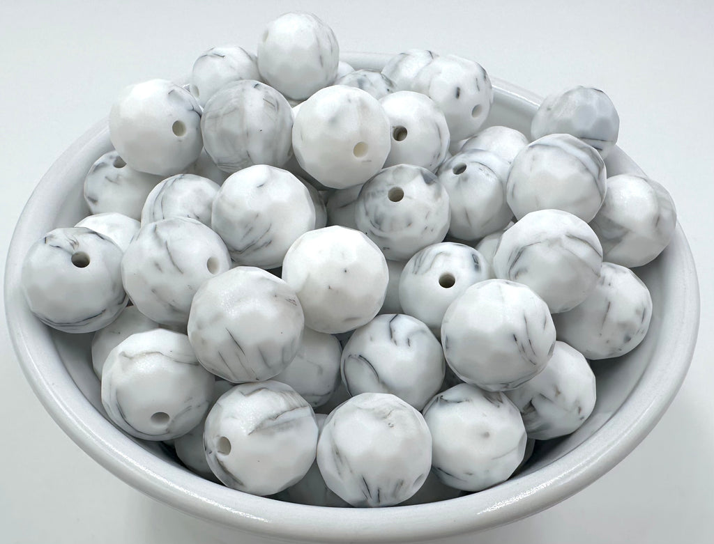 15mm Multi-Faceted Silicone Beads--White Marble