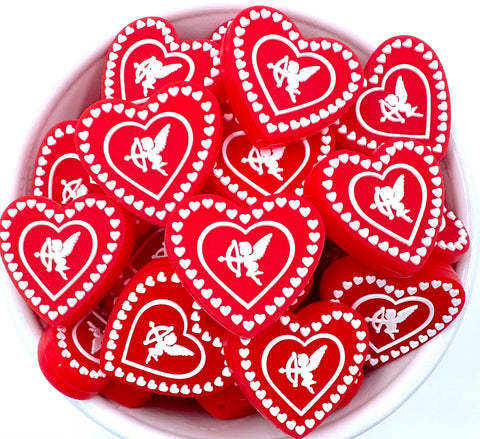 Cupid Heart Silicone Focal Beads--Red