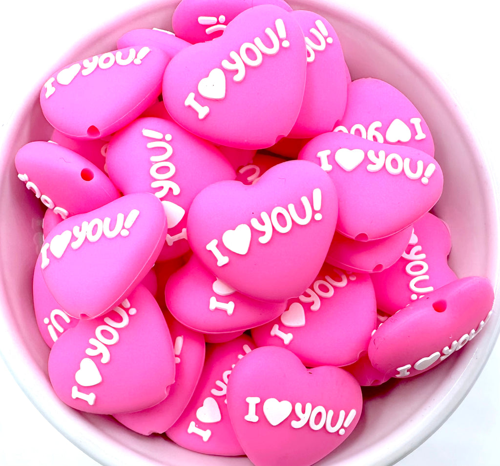 I Love You Heart Silicone Focal Beads--Pink