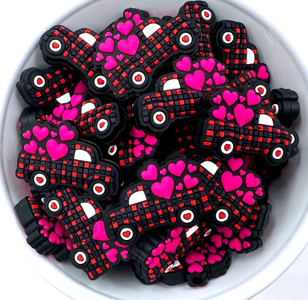 Pink Heart Plaid Truck Silicone Focal Beads