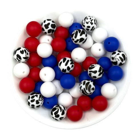 Red, White and Blue Cow Print Silicone Bead Mix