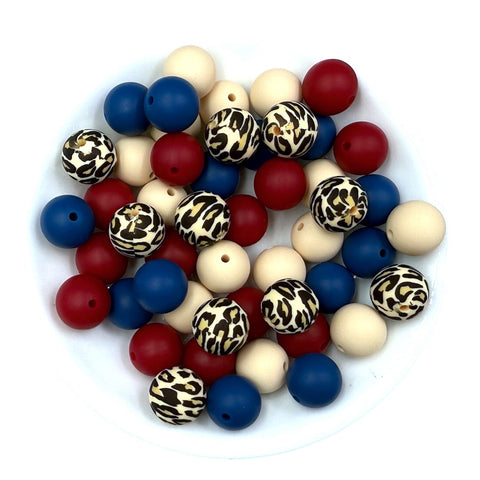 Cranberry Red, White and Sapphire Blue Leopard Silicone Bead Mix